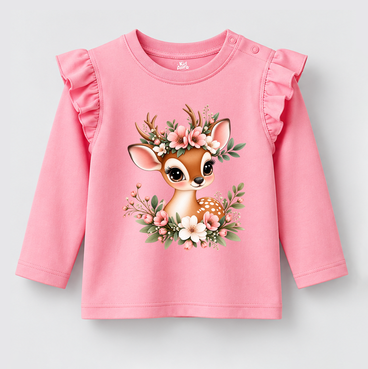 Girls' Floral Baby Deer Pink Ruffle Shoulder Top