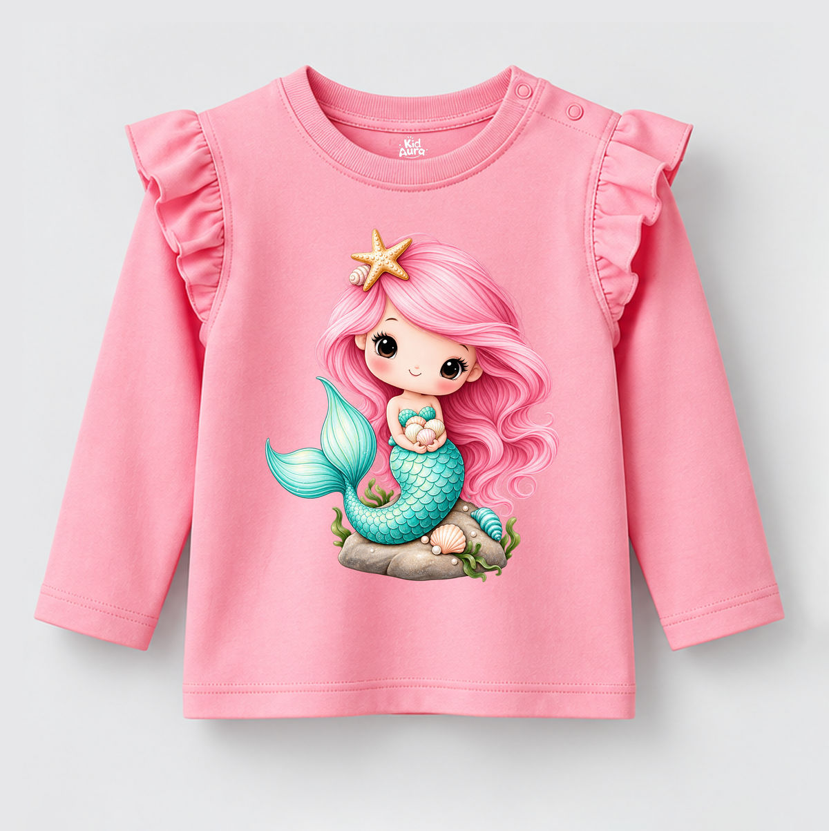 Girls' Magical Mermaid Pink Ruffle Shoulder Top