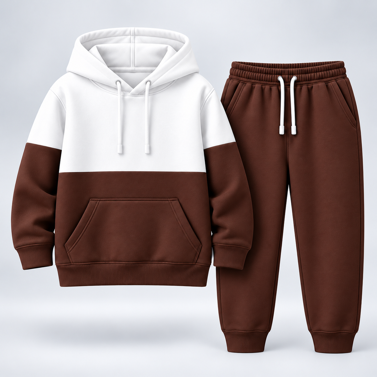 Classic Colorblock Hoodie Tracksuit – White & Chocolate Brown