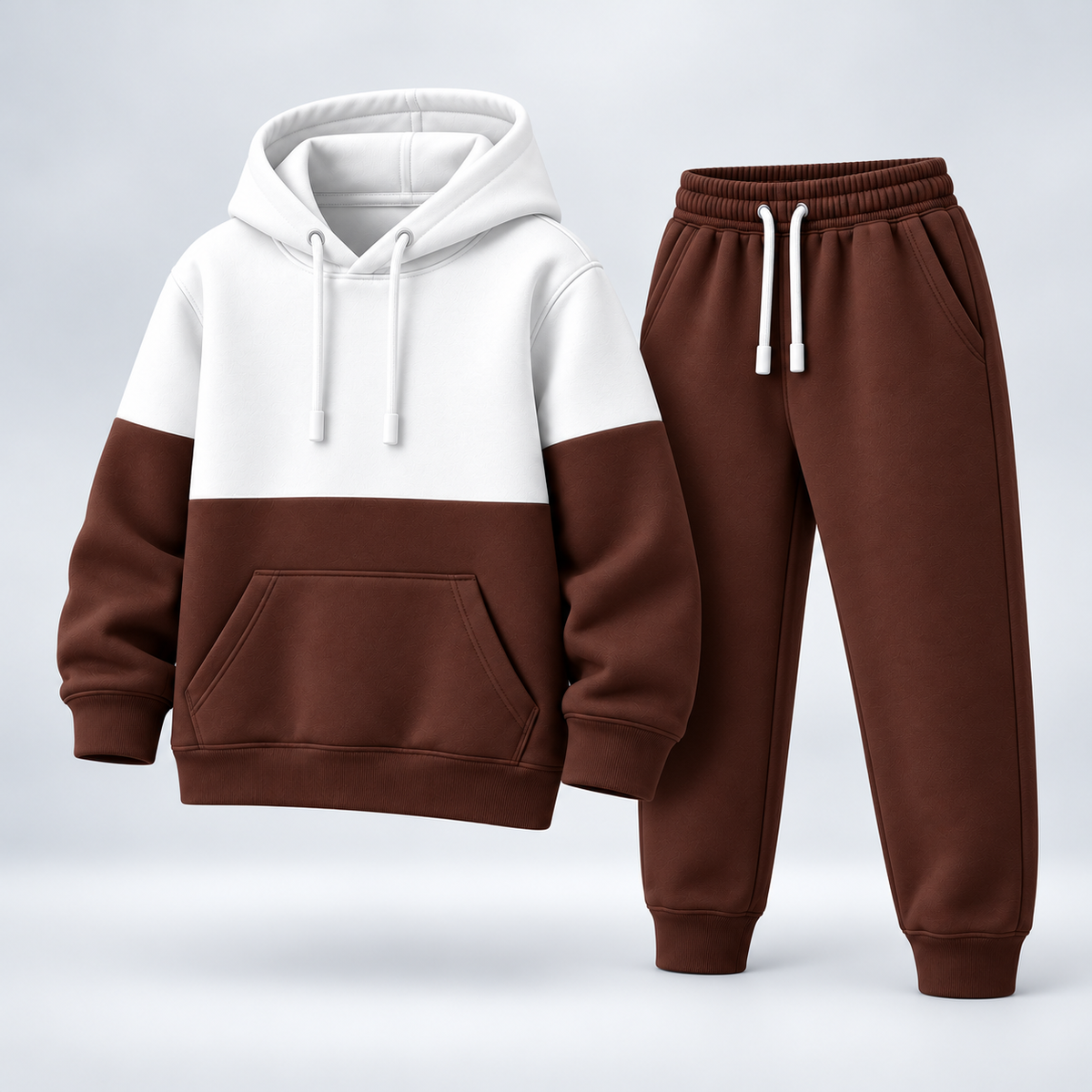 Classic Colorblock Hoodie Tracksuit – White & Chocolate Brown