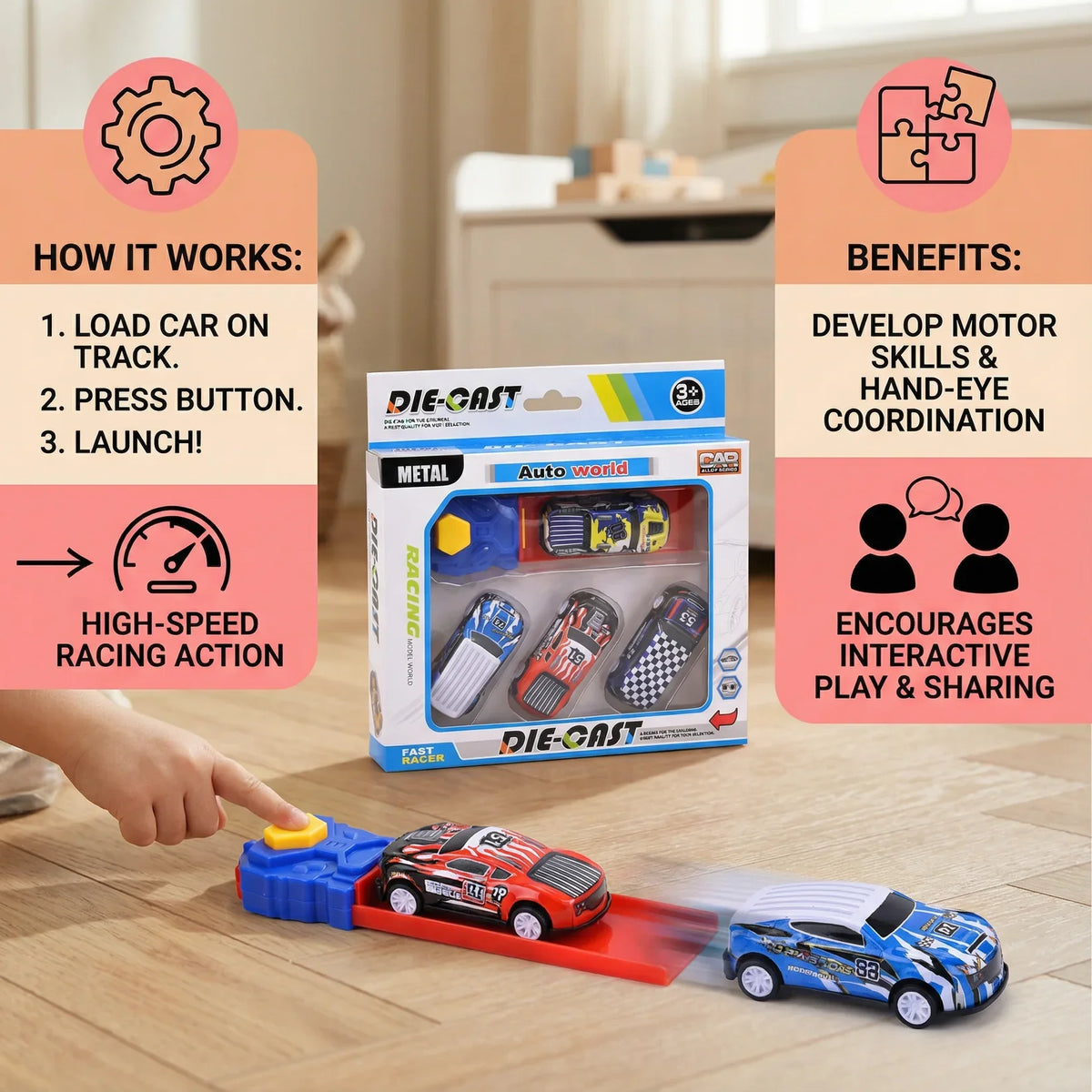 Car Catapult Racing Set – 4 Die-Cast Cars with Launcher