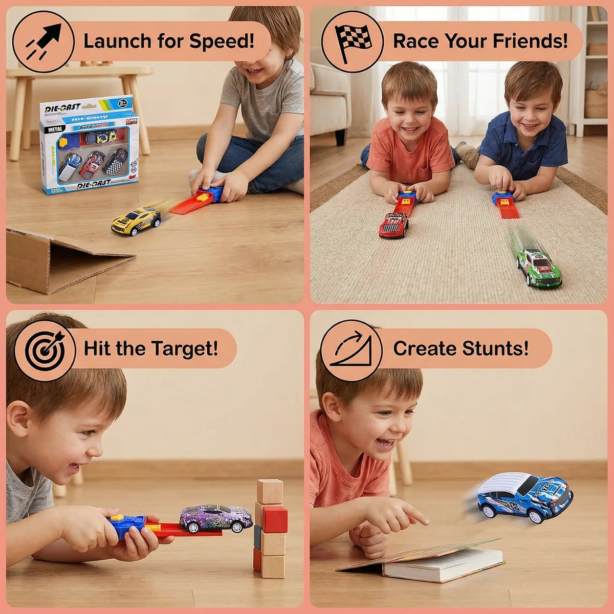 Car Catapult Racing Set – 4 Die-Cast Cars with Launcher