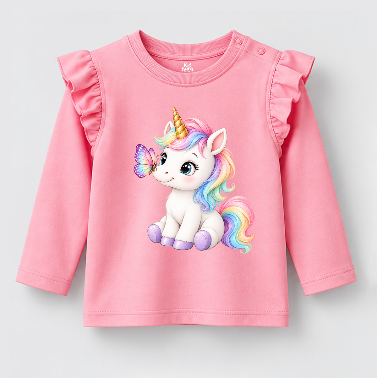 Girls' Rainbow Unicorn Pink Ruffle Shoulder Top