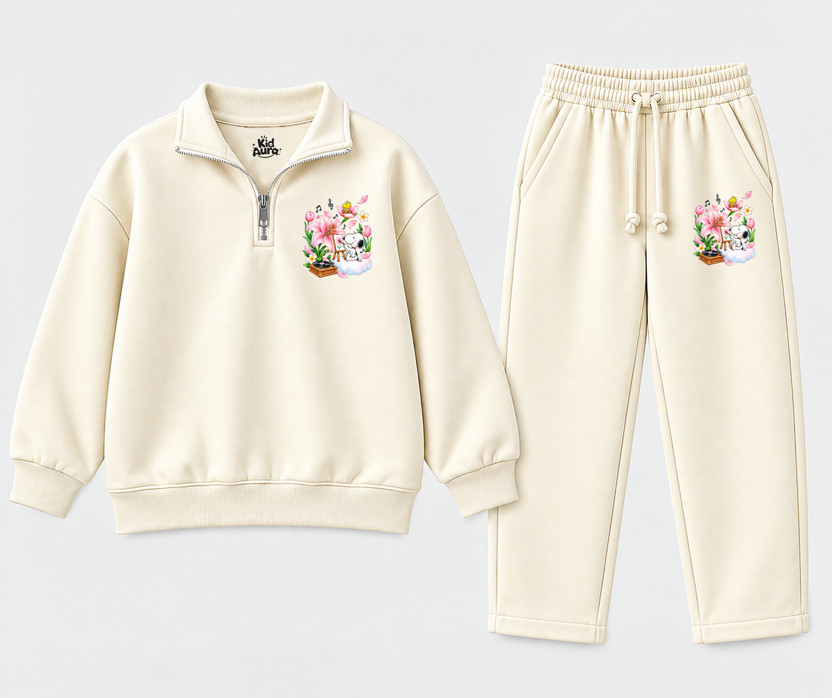 Girls' Floral Koala Cream Half-Zip Sweatshirt & Trouser Set