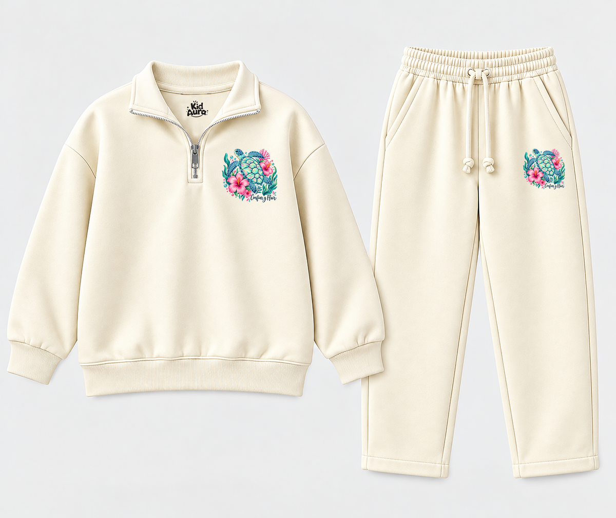Girls' Ocean Turtle Cream Half-Zip Sweatshirt & Trouser Set