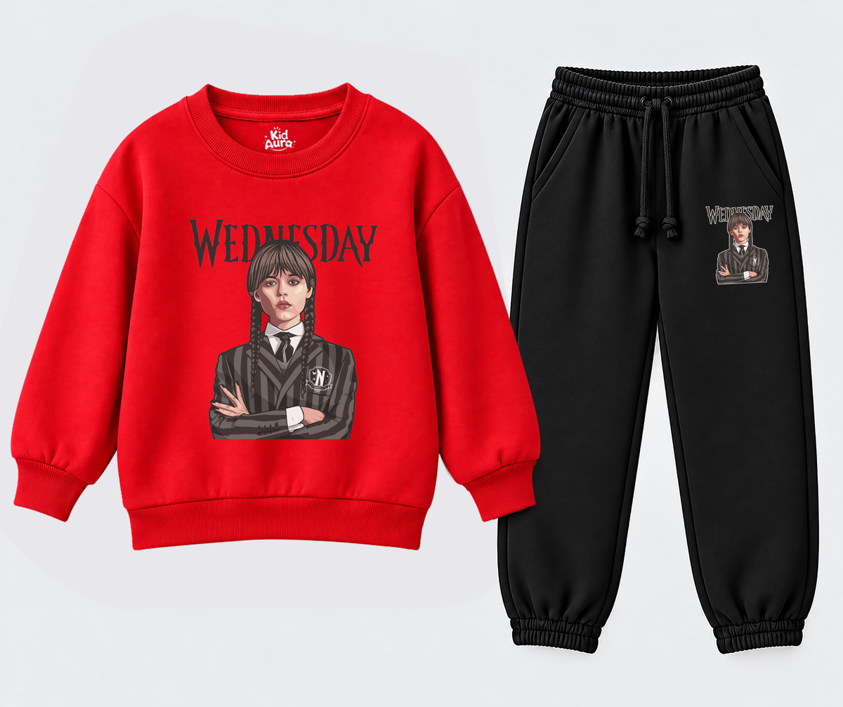 Wednesday Girls' Red & Black Printed Tracksuit Set