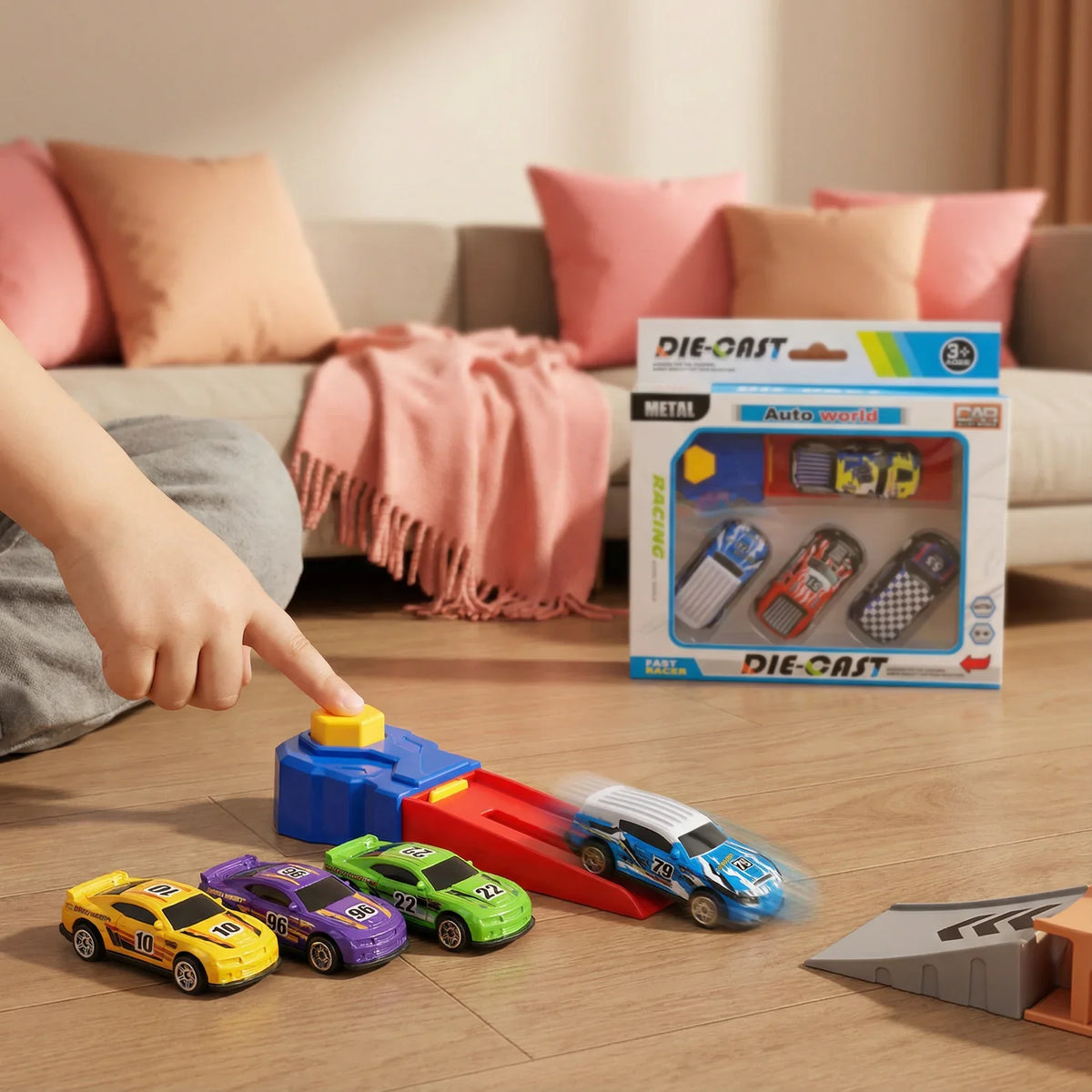 Car Catapult Racing Set – 4 Die-Cast Cars with Launcher