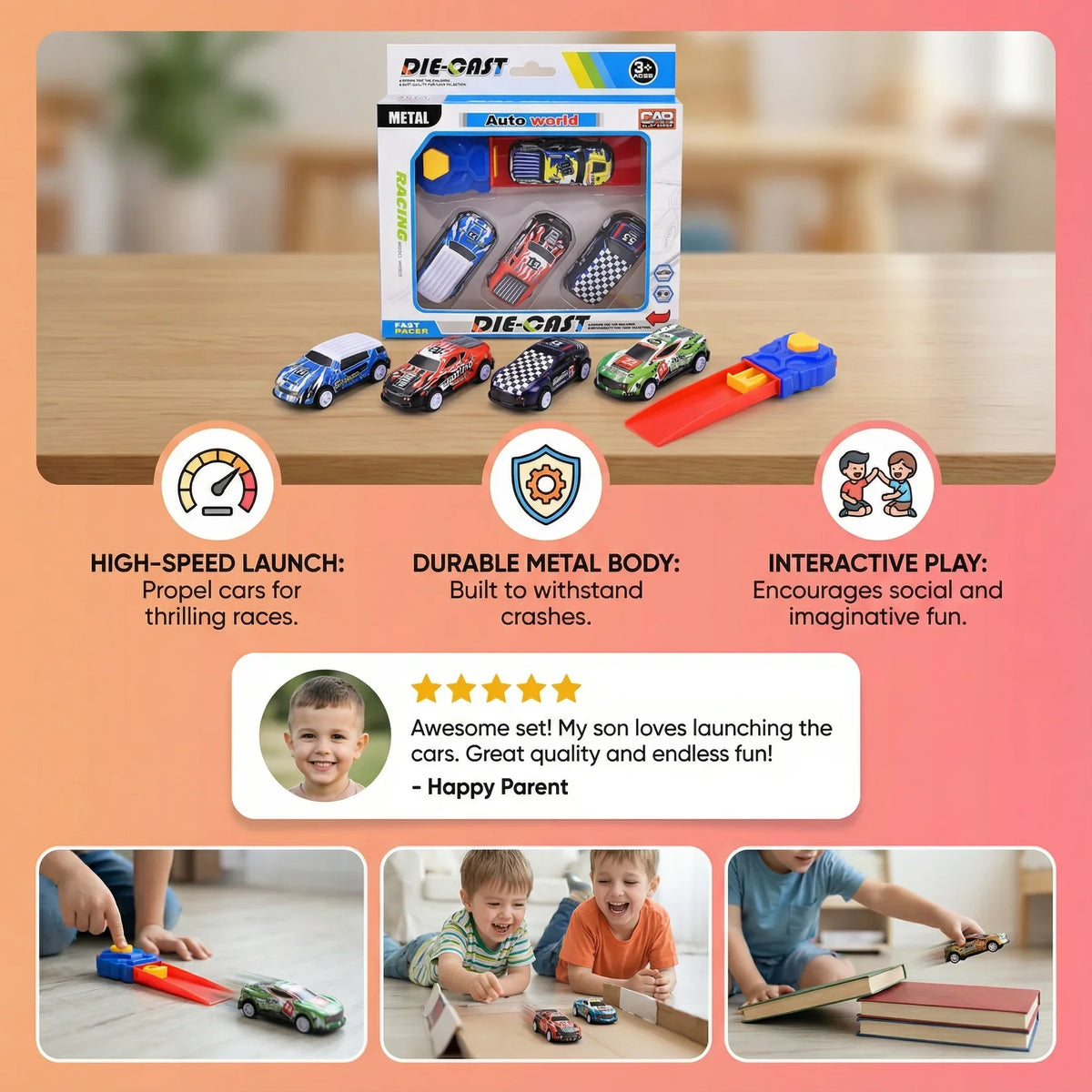 Car Catapult Racing Set – 4 Die-Cast Cars with Launcher